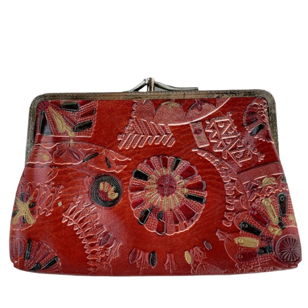 Vintage Clutch Purse Tooled 2 Compartment Avocado Green Velvet Lined Kiss Latch